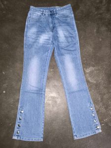 Women's Light Wash Flare Jeans with Button Detail