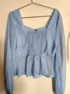Light Blue Swiss Dot Peplum Top