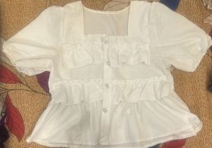 Cute White Ruffled Square Neck Top