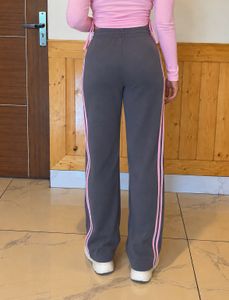 Stylish Grey Wide-Leg Trousers with Pink Stripe