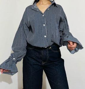 Striped Button-Up Blouse with Dramatic Sleeves