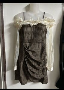Plaid Dress with Ruffled Off-Shoulder