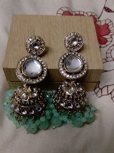 Stunning Jhumka Earrings with Green Beads