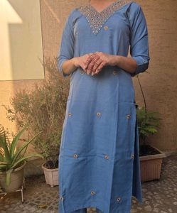 Blue Kurta Set with Embellished Neckline