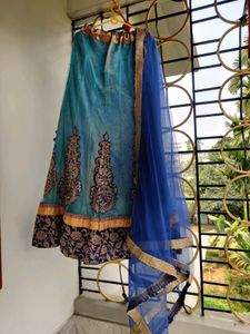 Turquoise blue Net Lehenga, Blouse, Dupatta Set