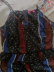 Long Dress Black With Tie Up Shoulder Straps And Brown And Blue Detail