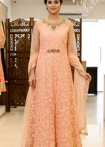 Peach Net Heavy Embroidery gown with dupatta, pant