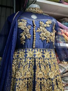 Elegant Blue &amp; Gold Anarkali 3 psc set