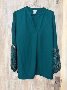 Emerald Green Blouse with Embroidered Sleeves