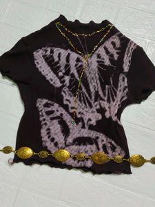 Dark Purple brown Butterfly Print fitted top
