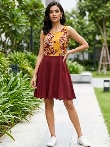 Sleeveless Mustard Yellow Floral Bodice & Burgundy