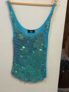 y2k sparkly crochet blue top