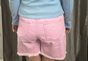 Pink Denim Frayed Shorts