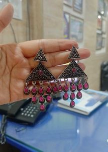 Designer drop earrings with pink stones