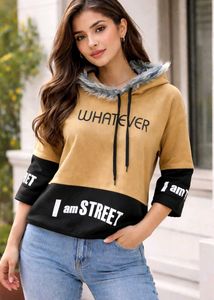 "Whatever" Graphic Hoodie with Faux Fur Trim