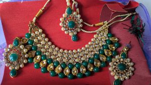 Elegant Emerald Green Kundan Necklace Set