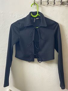 Black Tie Front Cropped Shirt