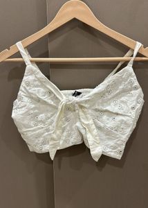 White Embroidered Crop Top with Bow Detail