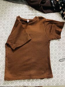 Brown Ribbed Short Sleeve Top