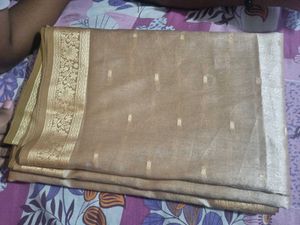 Elegant Golden-Beige Silk Blend Saree with Zari Bo