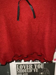 Maroon Ribbed Crop Top with Black Lace Trim