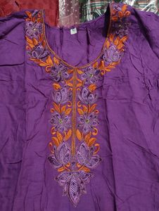 New Purple Cotton Silk Kurti Embroidered Neck