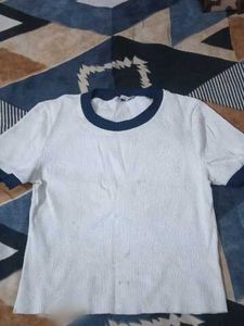 White Ribbed Ringer Tee