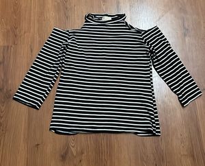 Striped Cold Shoulder Mock Neck Top