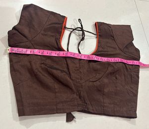 Brown V-Neck Blouse with Orange Trim