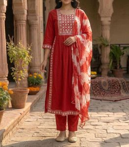 Red Embroidered Nyra Cut Kurta Set