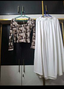 Stylish Printed Crop Top &amp; White Skirt Set