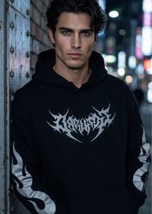 Black Graphic Hoodie with Flame Sleeves