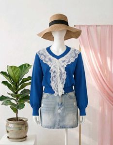 Blue Knit Sweater with Lace