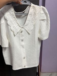 Chic White Lace Collar Puff Sleeve Top