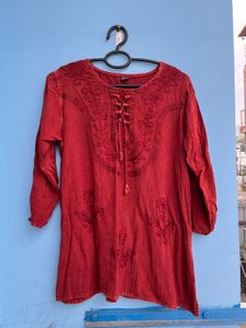 Red Embroidered Tunic Top