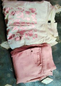 Cute Floral Print Top & Pink Pants Set