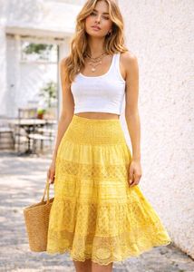 New Pinterest Boho Yellow Smocked Tiered Midi Skir