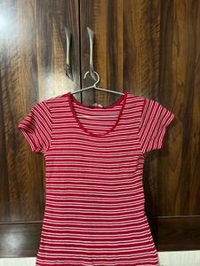 Jealous 21 Red Round Neck Striped womens T-Shirt
