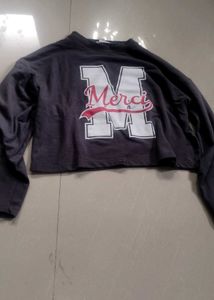 Grey "Merci" Graphic Cropped Long Sleeve Top