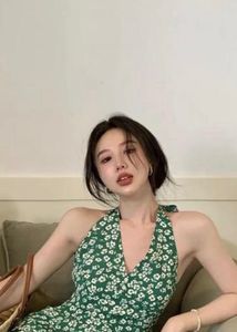 Green Floral Halter Neck Dress