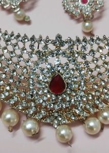 Sparkling Red Stone &amp; Pearl Necklace Set
