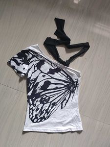 One Shoulder Butterfly Print Top