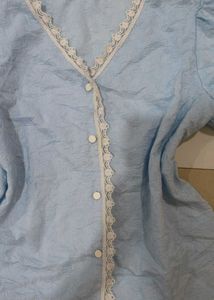 Light Blue Lace Trim V-Neck Blouse
