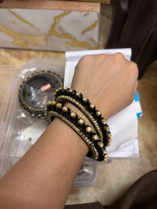 Onyx Black &amp; Gold Pearl-Bead Kada Pair