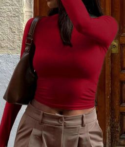 Burgundy Red Long-Sleeve Fitted Mock Neck Top