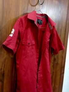 Red Short Sleeve Button-Up Shirt