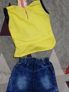 Cute Yellow Top &amp; Denim Shorts Set