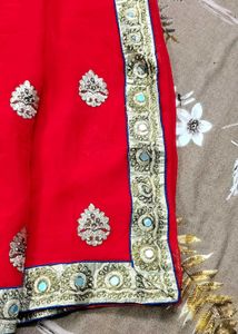 RED PARTY WEAR MIRROR WORK SAREE