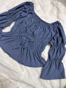 Blue Off-Shoulder Puff Sleeve Top
