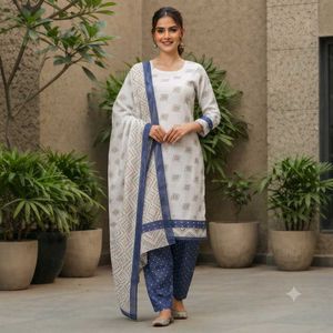 Elegant White & Blue Printed Kurta Set